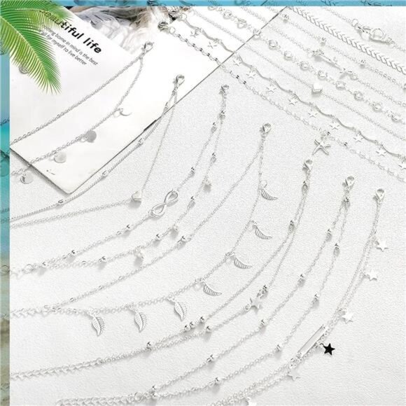16Pieces Ankle Bracelets 14K for Women Anklets Set Silver Gold Boho Beach Anklet - Picture 3 of 7